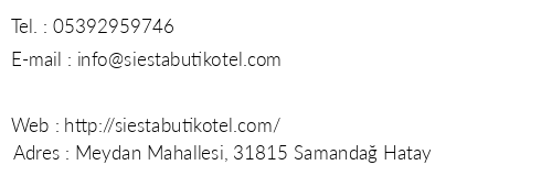 Siesta Butik Otel telefon numaraları, faks, e-mail, posta adresi ve iletişim bilgileri